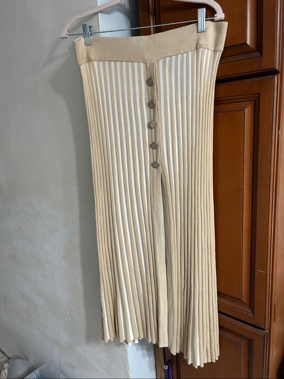 Guess Tan Pleated Midi Skirt with Front Buttons